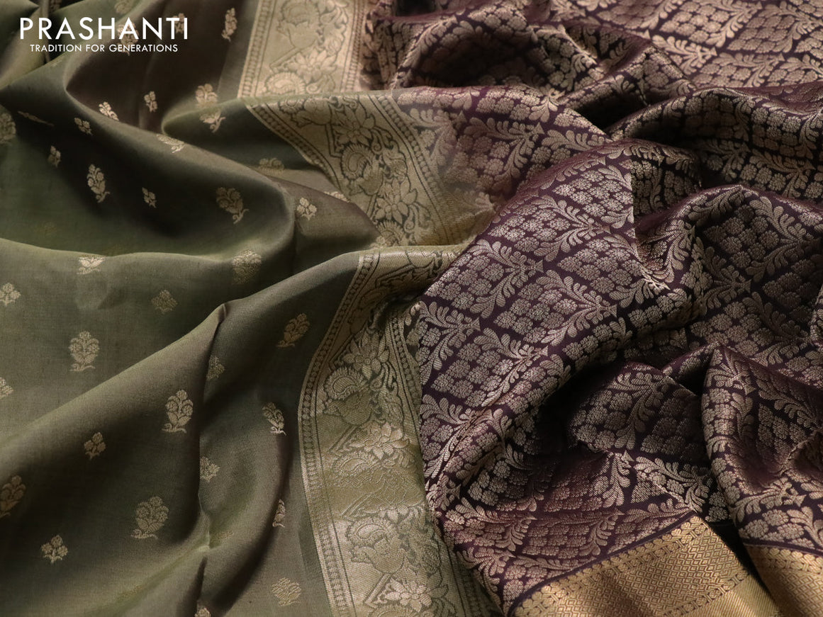 Pure kanjivaram silk saree elaichi green shade and coffee brown with zari woven 1000 buttas and long rich zari woven border
