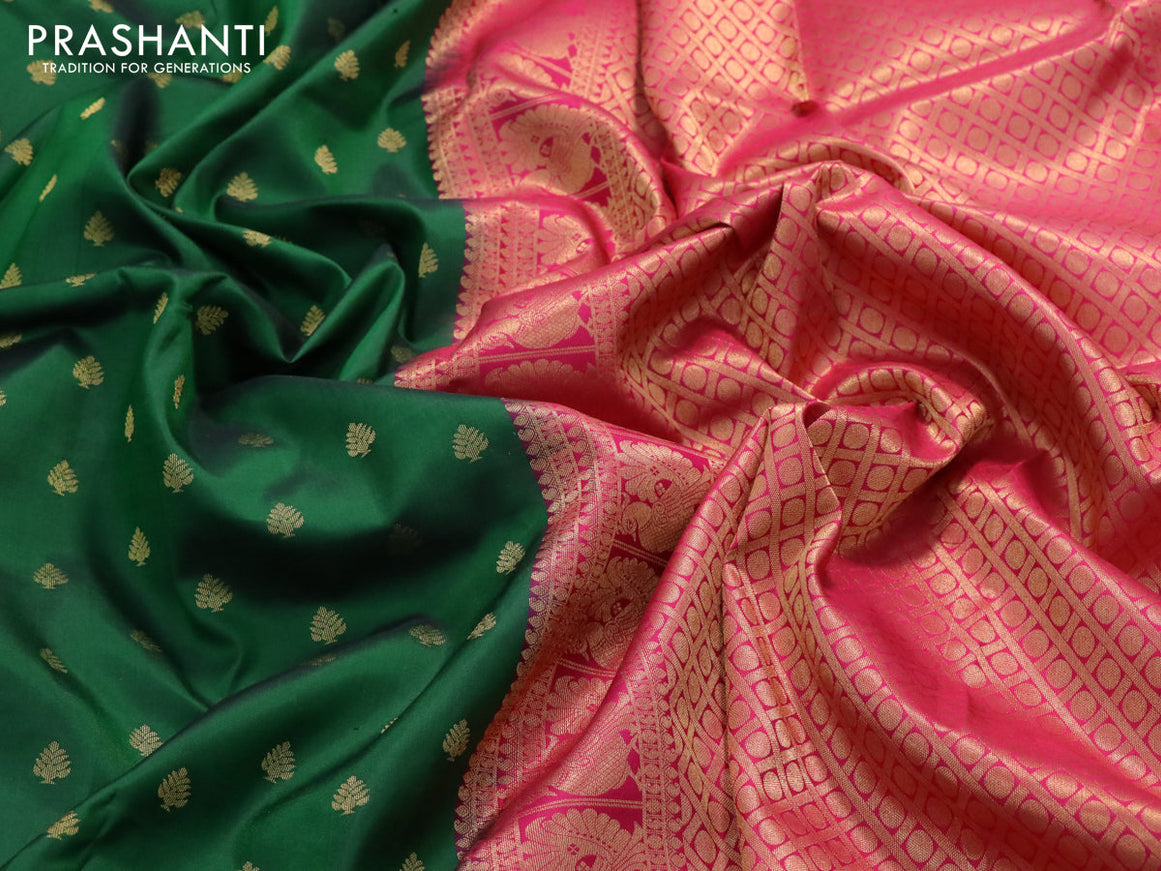 Pure kanjivaram silk saree green and pink with zari woven 1000 buttas and rich zari woven korvai border