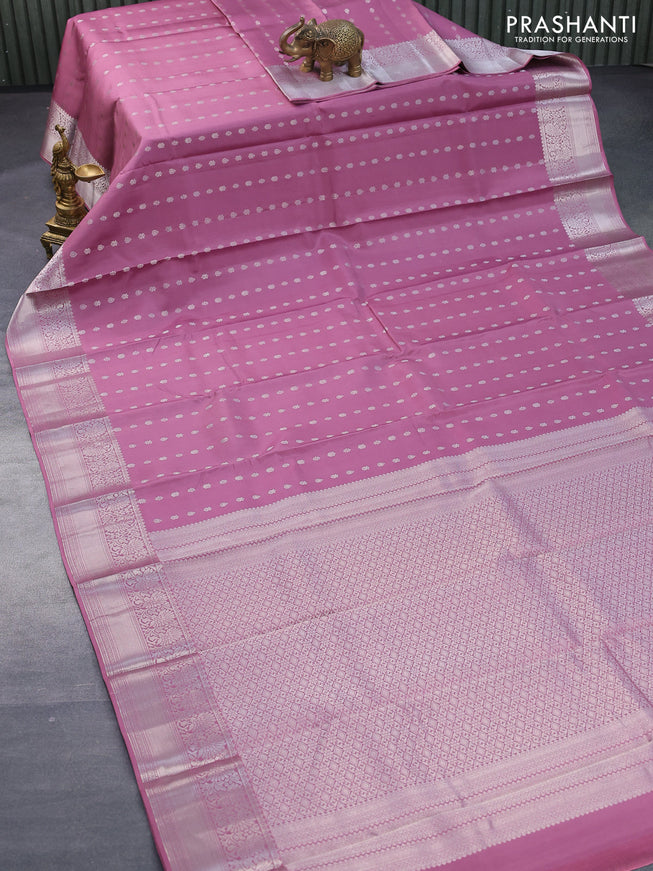 Pure kanjivaram silk saree mauve pink with silver zari woven 1000 buttas and rich silver zari woven border