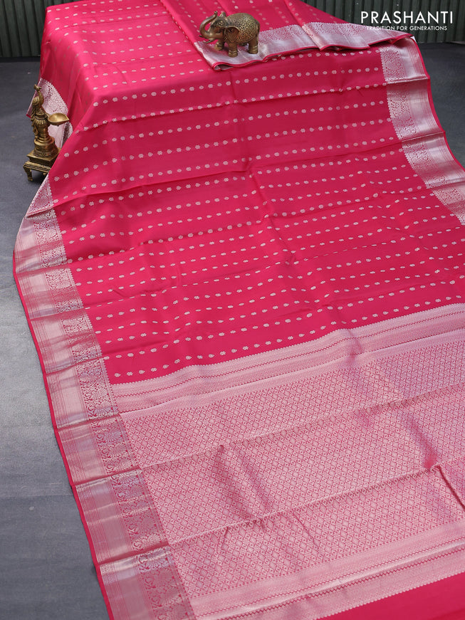 Pure kanjivaram silk saree pink with silver zari woven 1000 buttas and rich silver zari woven border