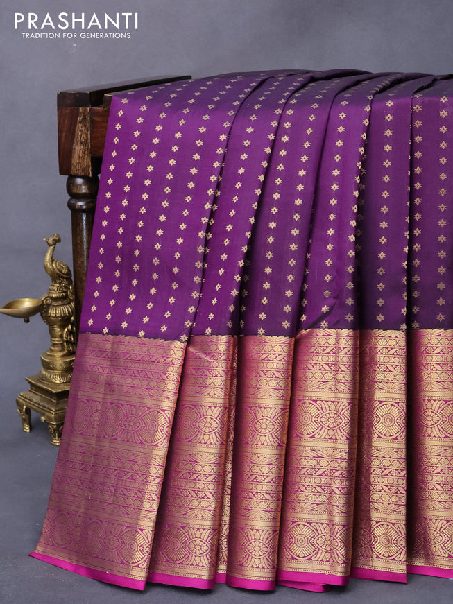 Pure kanjivaram silk saree dark purple and magenta pink with zari woven 1000 buttas and long zari woven border
