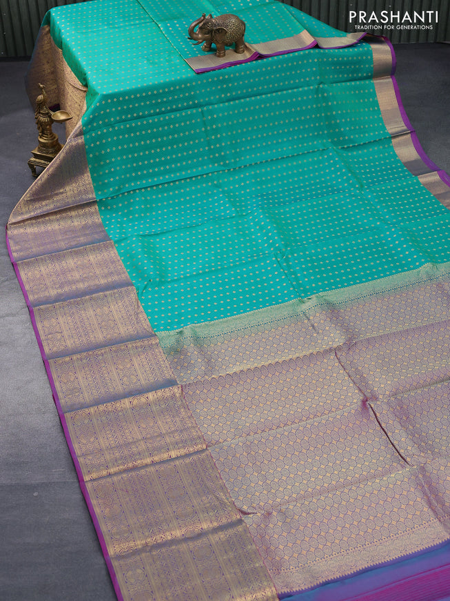 Pure kanjivaram silk saree teal green and dual shade of pinkish blue with zari woven 1000 buttas and long zari woven border