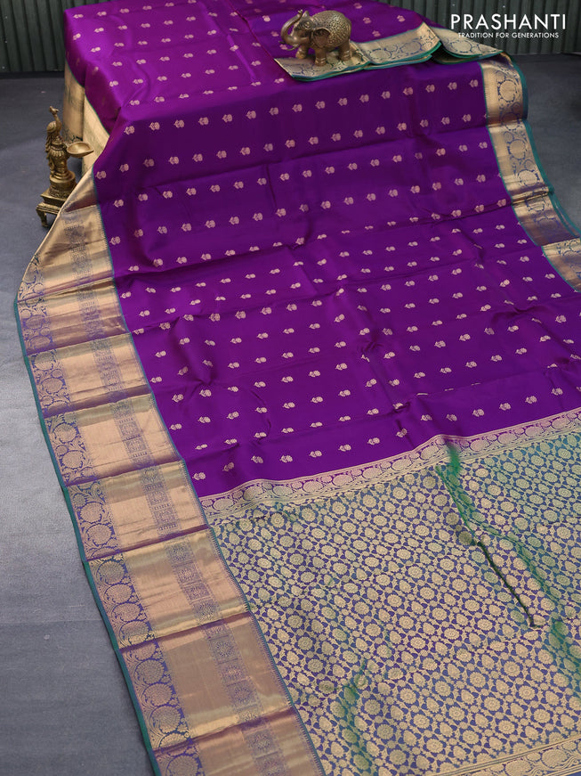 Pure kanjivaram silk saree purple and green with floral zari woven 1000 buttas and long rich zari woven floral border