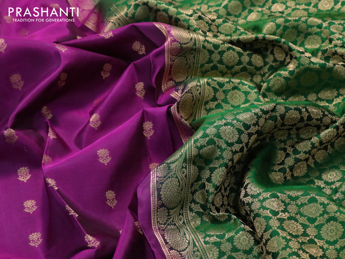 Pure kanjivaram silk saree purple and green with floral zari woven 1000 buttas and long zari woven floral border