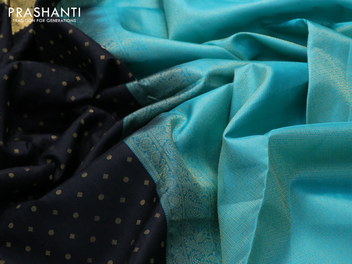Pure kanjivaram silk saree black and teal blue with allover self emboss & 1000 buttas and rich zari woven border