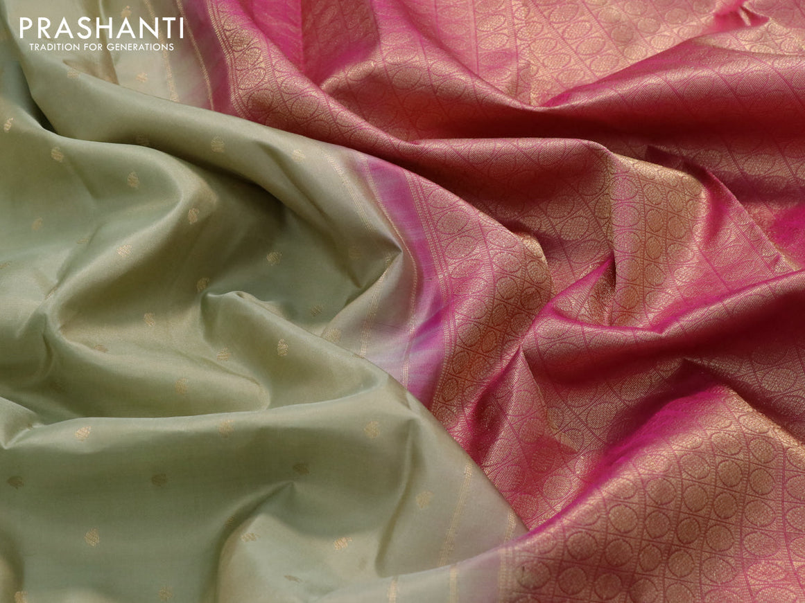 Pure kanjivaram silk saree elaichi green and pink with paisley zari woven 1000 buttas and zari woven border