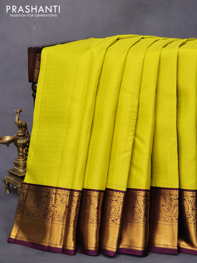 Pure kanjivaram silk saree lime yellow and wine shade with allover self emboss & 1000 buttas and annam zari woven border