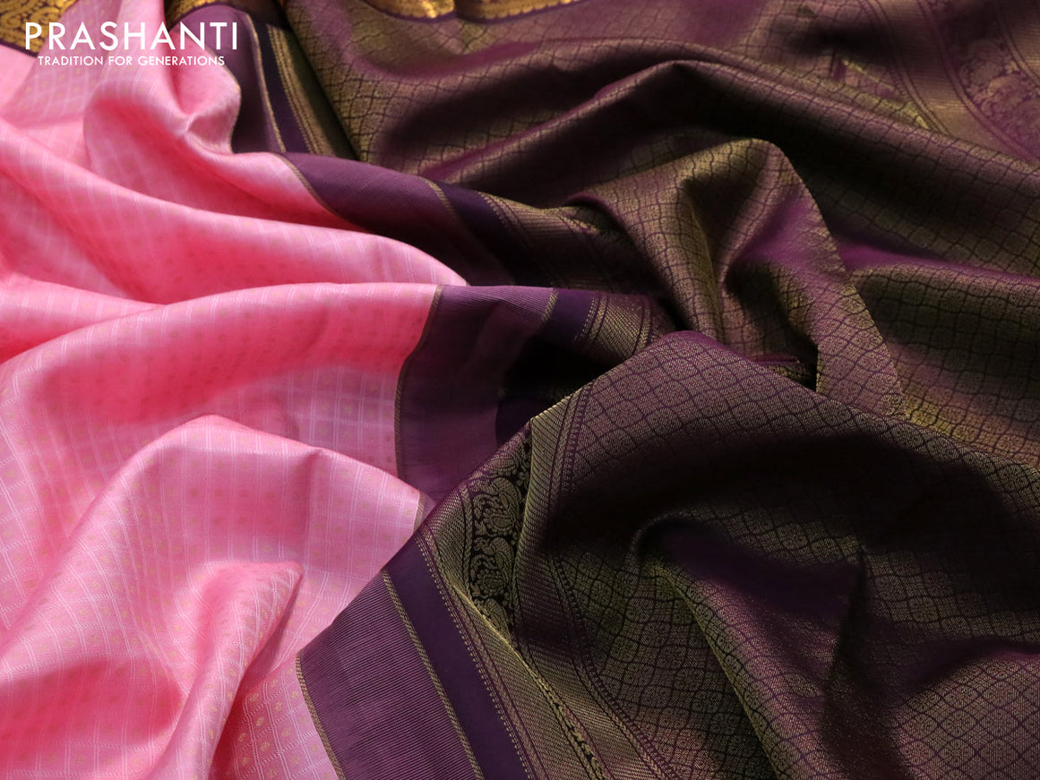 Pure kanjivaram silk saree light pink and wine shade with allover self emboss & 1000 buttas and annam zari woven border