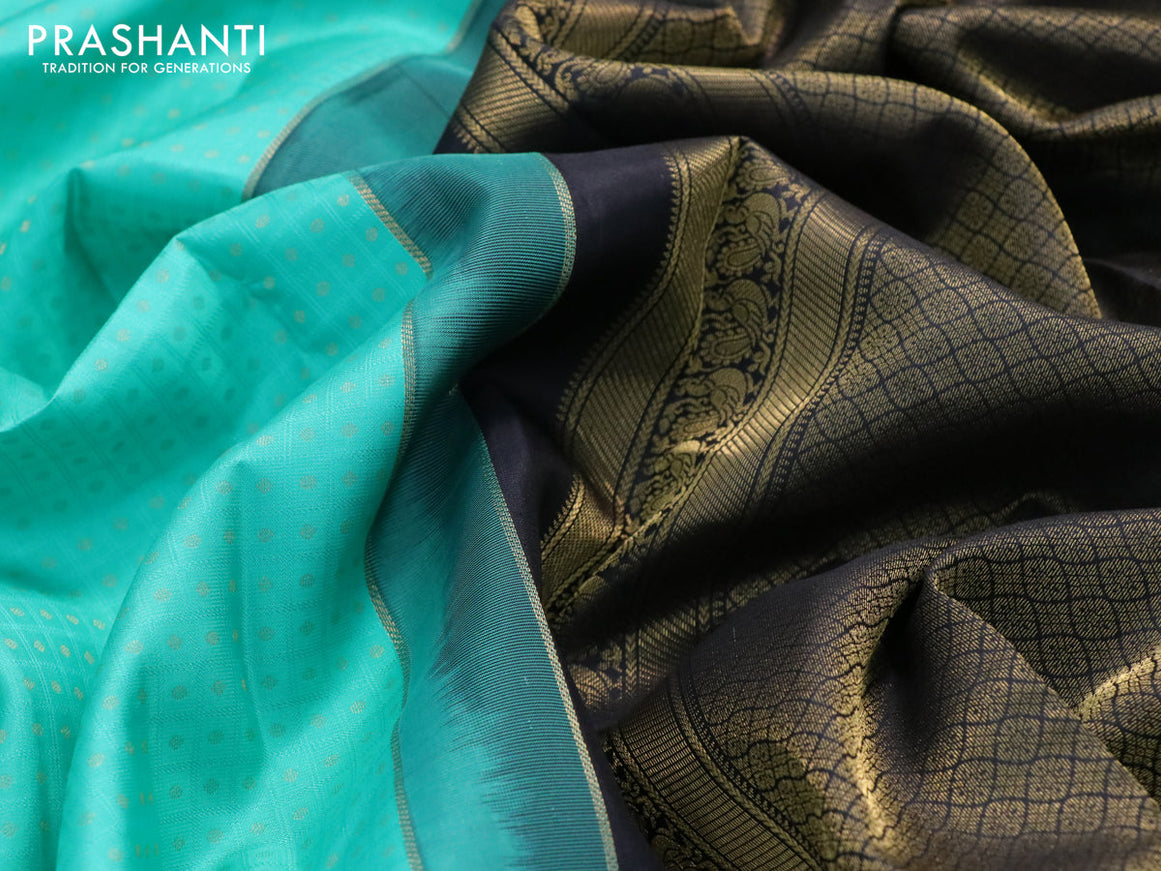 Pure kanjivaram silk saree teal blue and black with allover self emboss & 1000 buttas and annam zari woven border