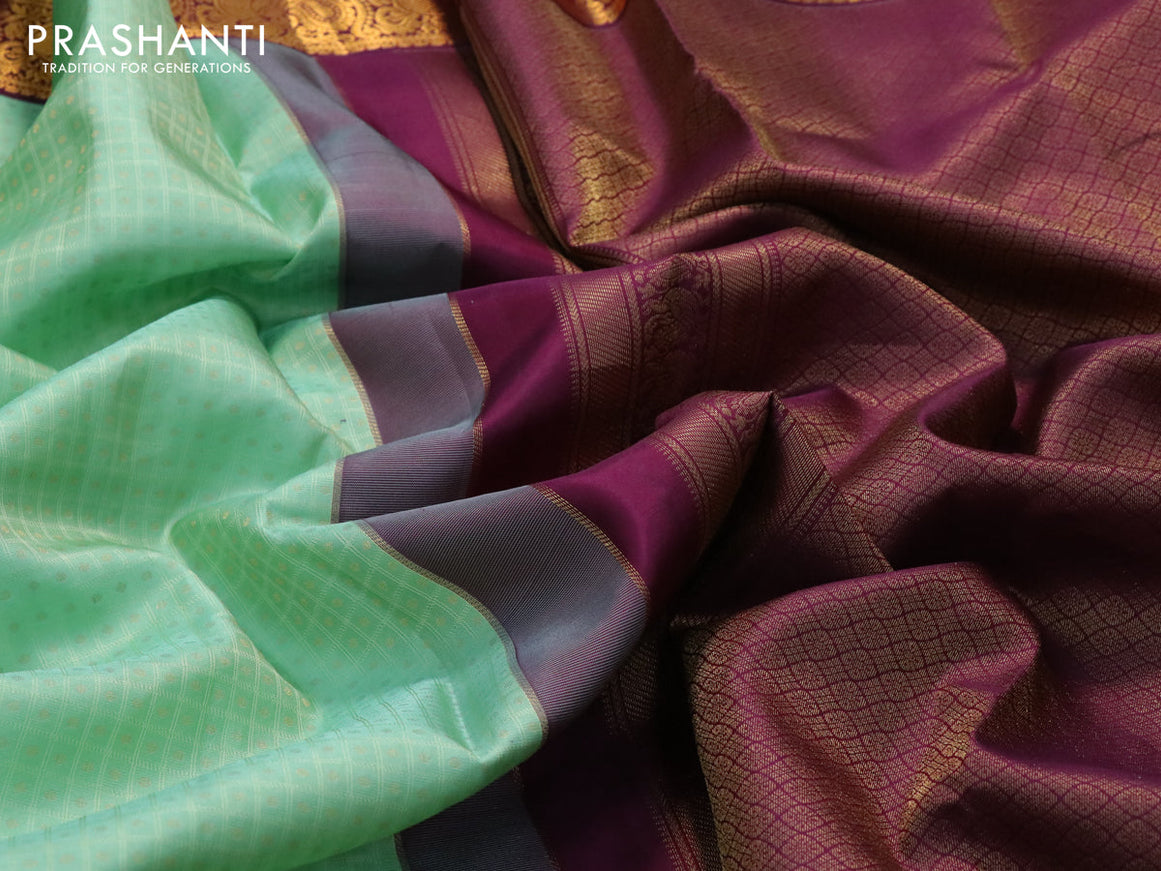 Pure kanjivaram silk saree pastel green and wine shade with allover self emboss & 1000 buttas and annam zari woven border