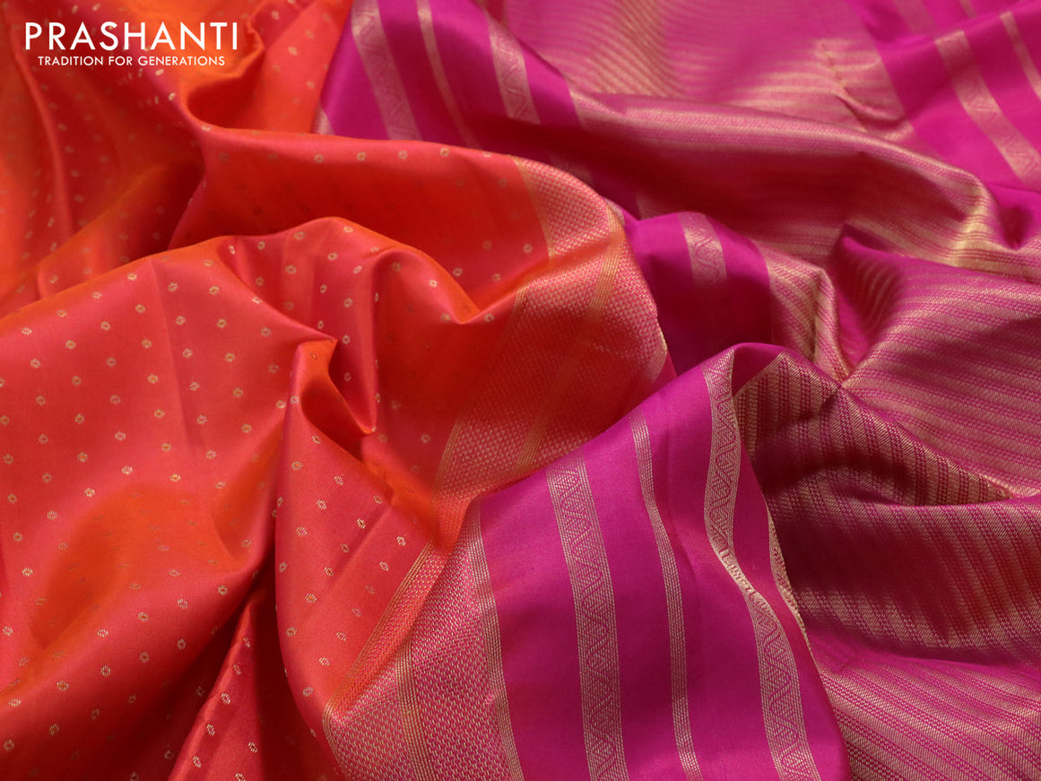 Pure kanjivaram silk saree dual shade of orange and pink with zari woven 1000 buttas and annam zari woven border