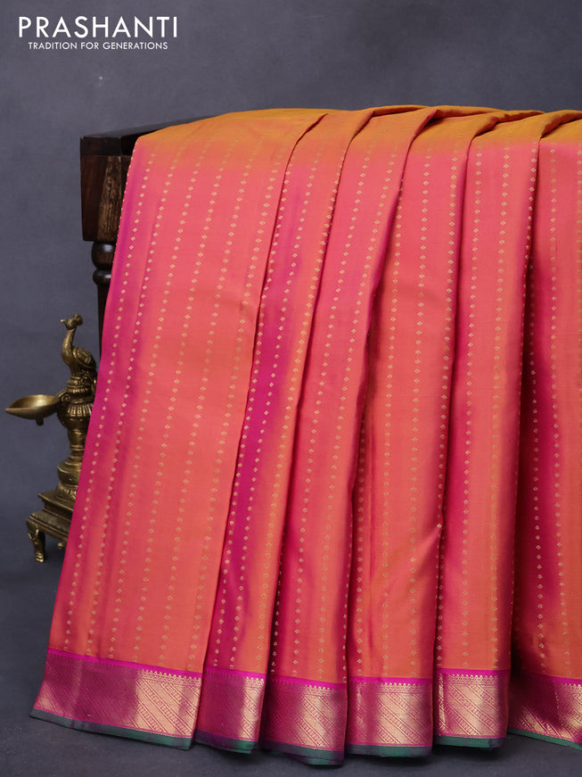 Pure kanjivaram silk saree dual shade of pinkish orange and magenta pink with zari woven 1000 buttas and zari woven border