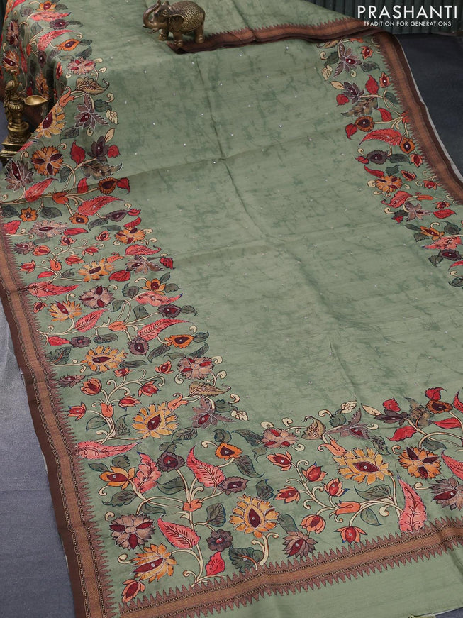 Semi tussar saree green shade and brown with kalamkari prints & mirror embroidery work and vidarbha style border