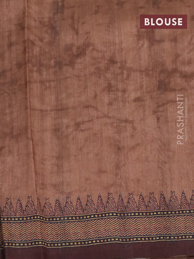 Semi tussar saree green shade and brown with kalamkari prints & mirror embroidery work and vidarbha style border