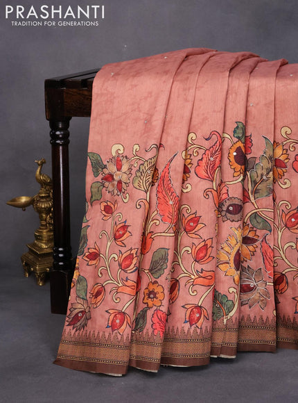 Semi tussar saree pastel peach and brown with kalamkari prints & mirror embroidery work and vidarbha style border