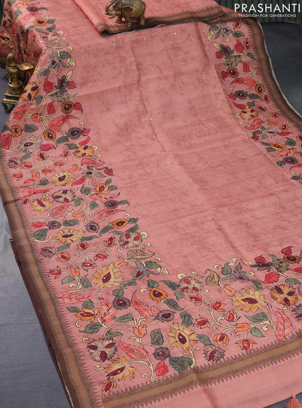 Semi tussar saree pastel peach and brown with kalamkari prints & mirror embroidery work and vidarbha style border