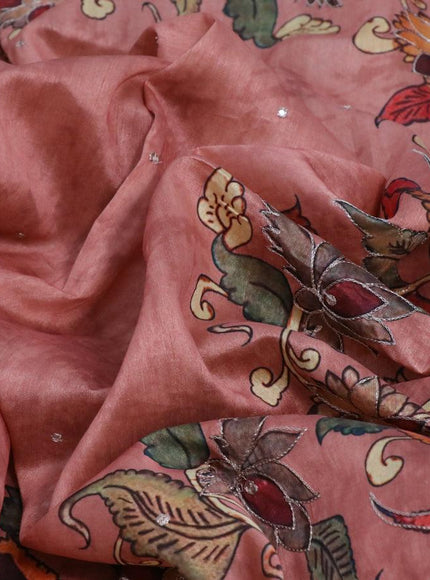 Semi tussar saree pastel peach and brown with kalamkari prints & mirror embroidery work and vidarbha style border