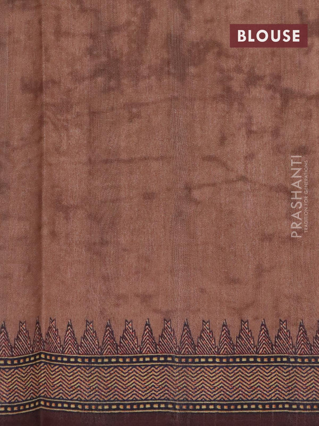 Semi tussar saree pastel peach and brown with kalamkari prints & mirror embroidery work and vidarbha style border