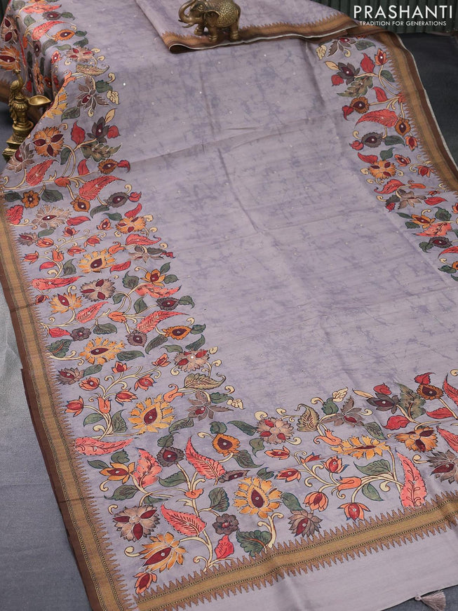 Semi tussar saree grey and brown with kalamkari prints & mirror embroidery work and vidarbha style border