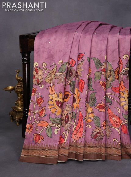 Semi tussar saree mauve pink and brown with kalamkari prints & mirror embroidery work and vidarbha style border