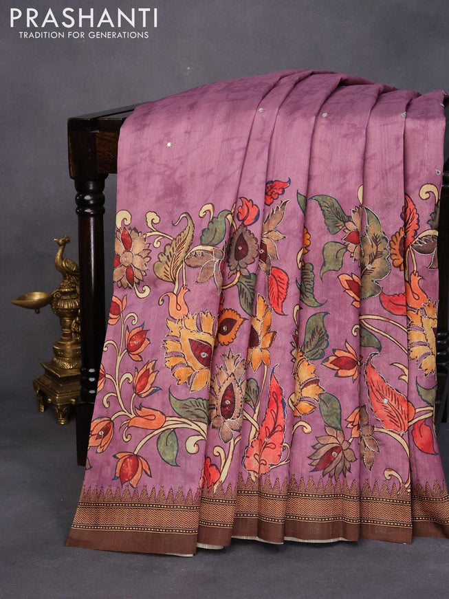 Semi tussar saree mauve pink and brown with kalamkari prints & mirror embroidery work and vidarbha style border