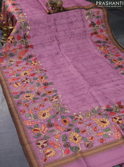 Semi tussar saree mauve pink and brown with kalamkari prints & mirror embroidery work and vidarbha style border