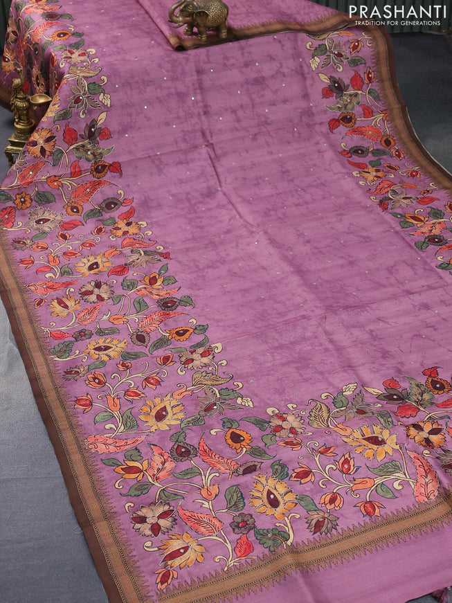 Semi tussar saree mauve pink and brown with kalamkari prints & mirror embroidery work and vidarbha style border