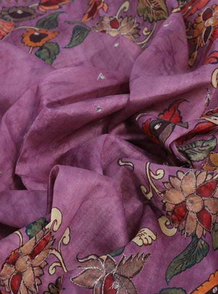 Semi tussar saree mauve pink and brown with kalamkari prints & mirror embroidery work and vidarbha style border