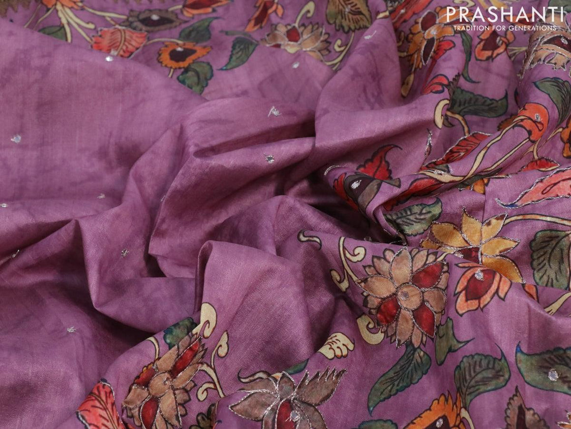 Semi tussar saree mauve pink and brown with kalamkari prints & mirror embroidery work and vidarbha style border