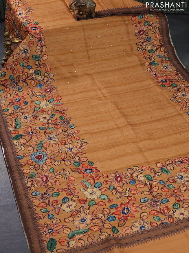 Semi tussar saree dark mustard and brown with kalamkari prints & mirror embroidery work and vidarbha style border