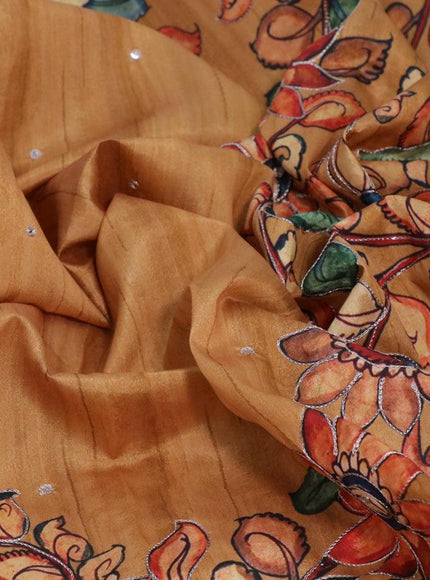 Semi tussar saree dark mustard and brown with kalamkari prints & mirror embroidery work and vidarbha style border