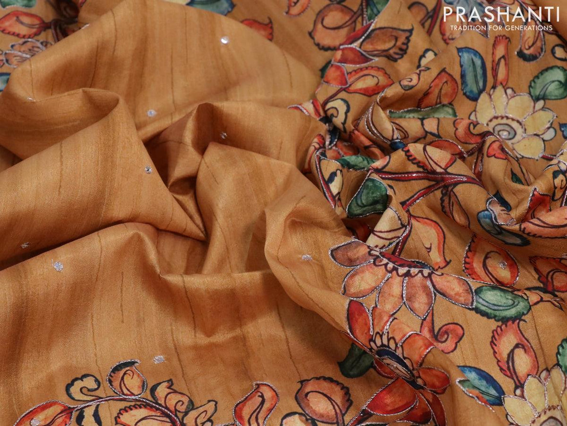 Semi tussar saree dark mustard and brown with kalamkari prints & mirror embroidery work and vidarbha style border