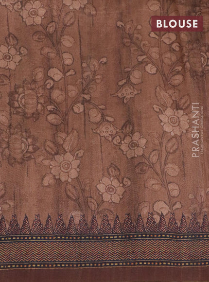 Semi tussar saree dark mustard and brown with kalamkari prints & mirror embroidery work and vidarbha style border