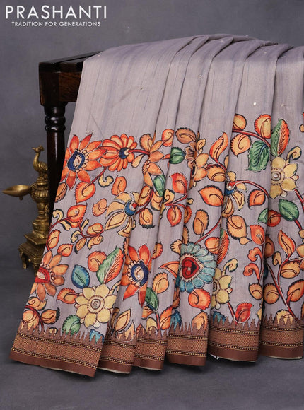 Semi tussar saree grey and brown with kalamkari prints & mirror embroidery work and vidarbha style border