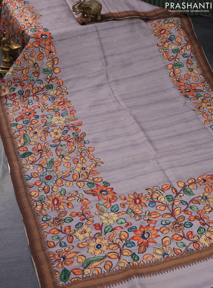 Semi tussar saree grey and brown with kalamkari prints & mirror embroidery work and vidarbha style border