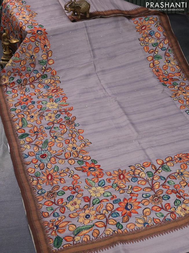 Semi tussar saree grey and brown with kalamkari prints & mirror embroidery work and vidarbha style border