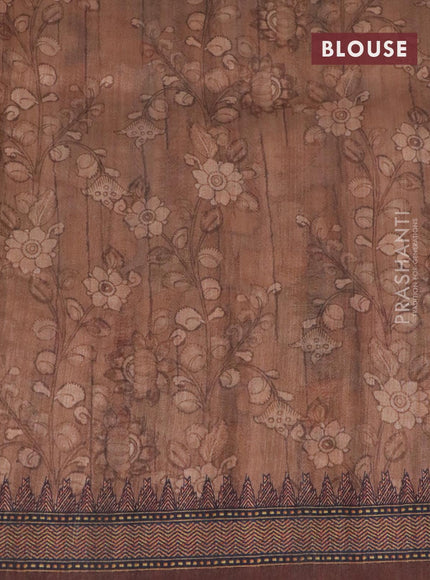 Semi tussar saree grey and brown with kalamkari prints & mirror embroidery work and vidarbha style border