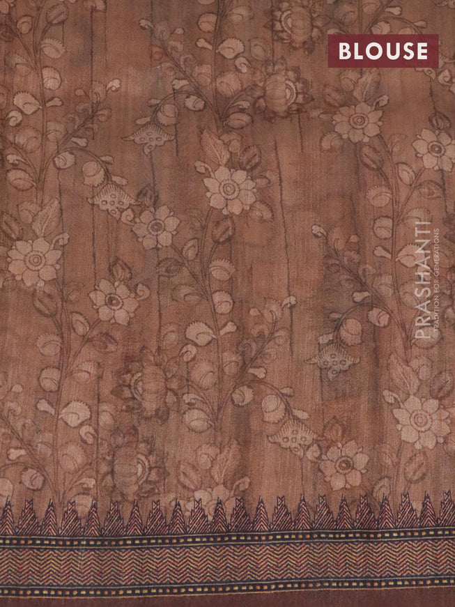 Semi tussar saree grey and brown with kalamkari prints & mirror embroidery work and vidarbha style border