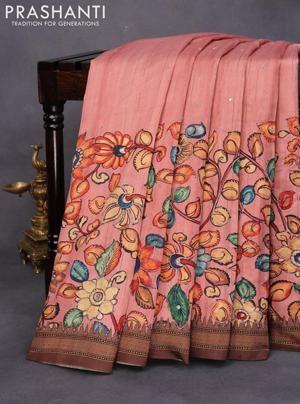 Semi tussar saree pastel peach and brown with kalamkari prints & mirror embroidery work and vidarbha style border