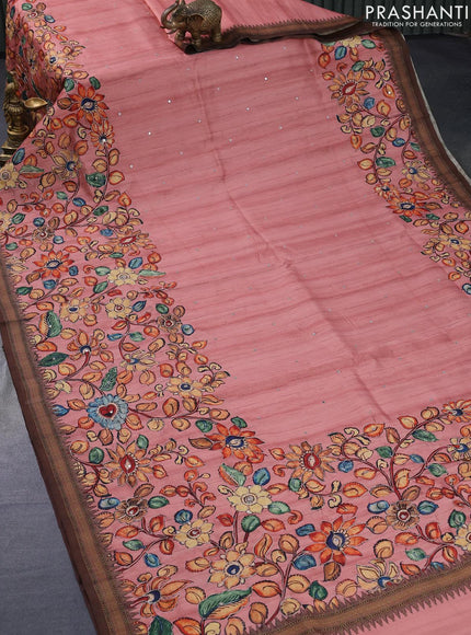 Semi tussar saree pastel peach and brown with kalamkari prints & mirror embroidery work and vidarbha style border