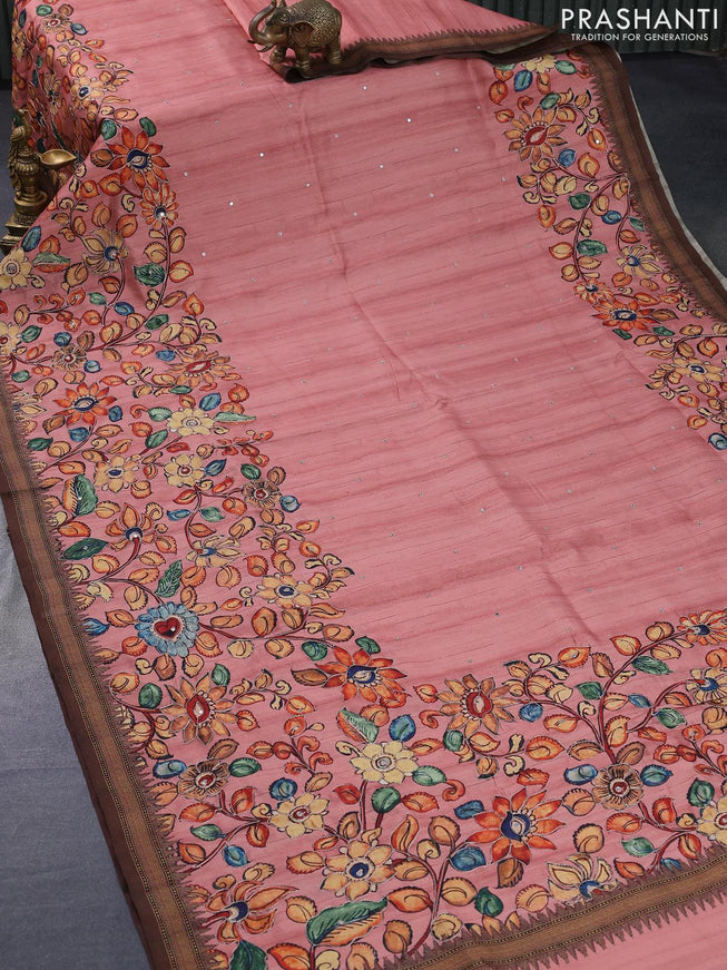 Semi tussar saree pastel peach and brown with kalamkari prints & mirror embroidery work and vidarbha style border