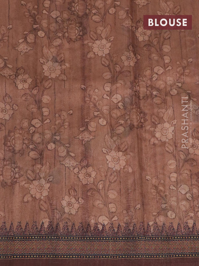 Semi tussar saree pastel peach and brown with kalamkari prints & mirror embroidery work and vidarbha style border