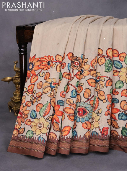 Semi tussar saree beige and brown with kalamkari prints & mirror embroidery work and vidarbha style border