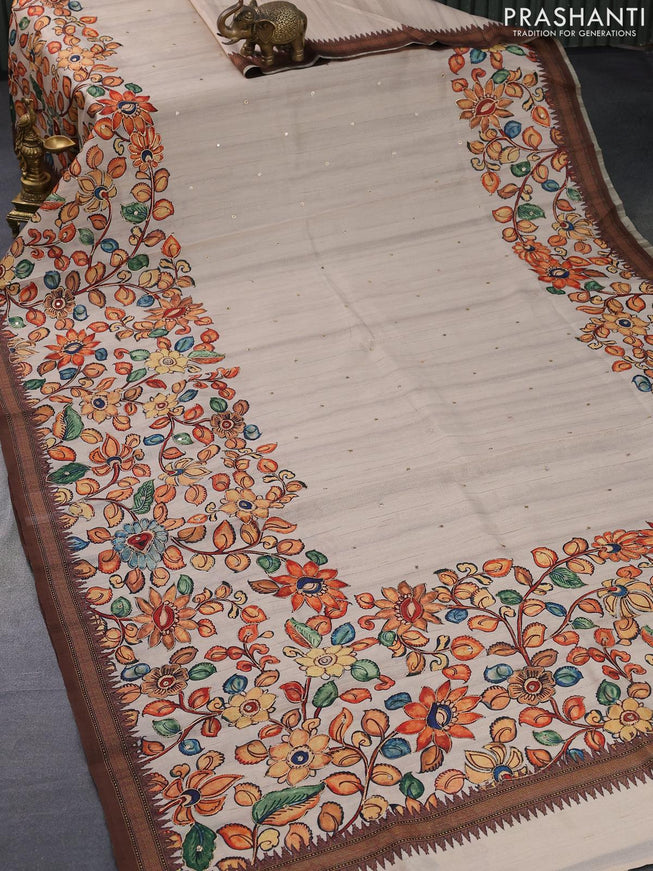 Semi tussar saree beige and brown with kalamkari prints & mirror embroidery work and vidarbha style border