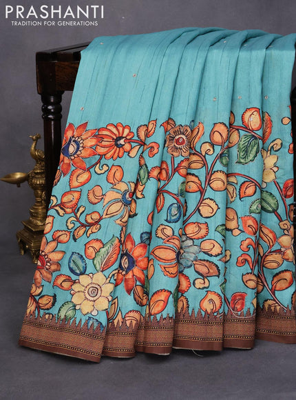 Semi tussar saree teal blue and brown with kalamkari prints & mirror embroidery work and vidarbha style border