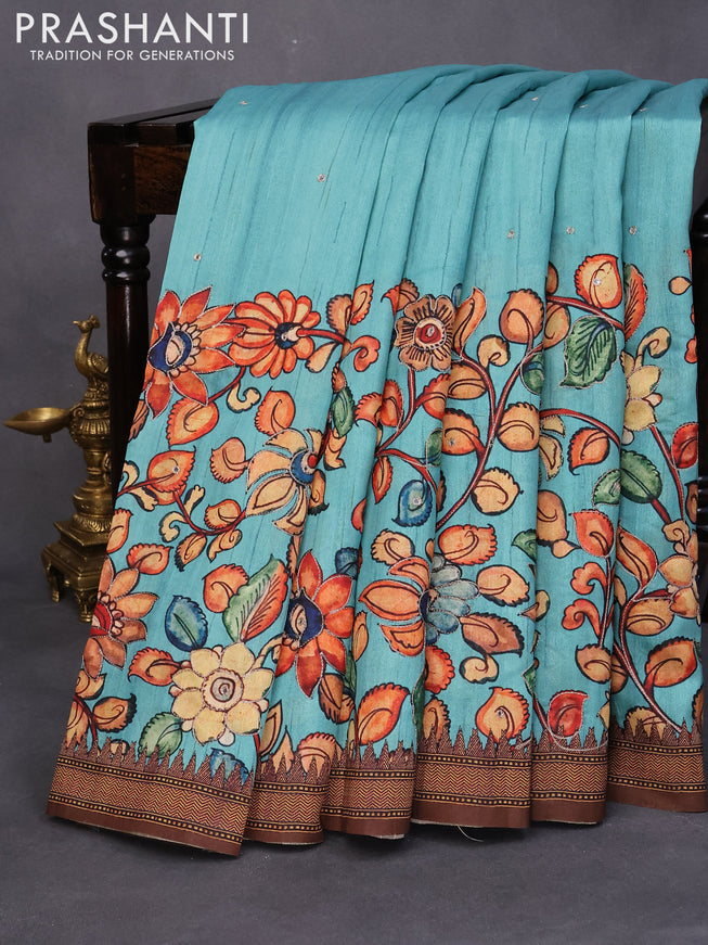 Semi tussar saree teal blue and brown with kalamkari prints & mirror embroidery work and vidarbha style border