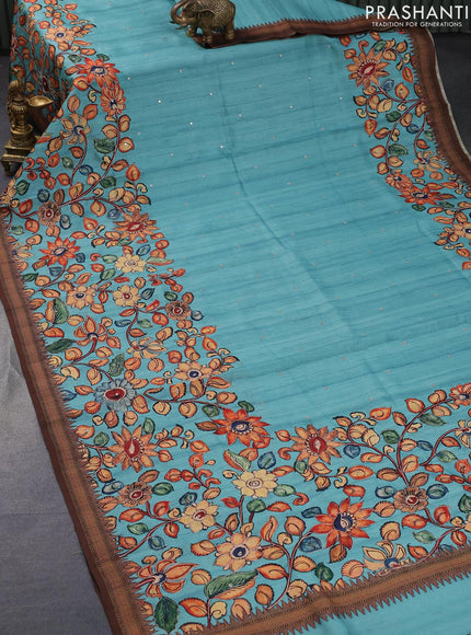 Semi tussar saree teal blue and brown with kalamkari prints & mirror embroidery work and vidarbha style border