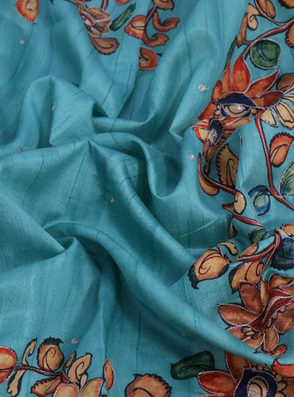 Semi tussar saree teal blue and brown with kalamkari prints & mirror embroidery work and vidarbha style border