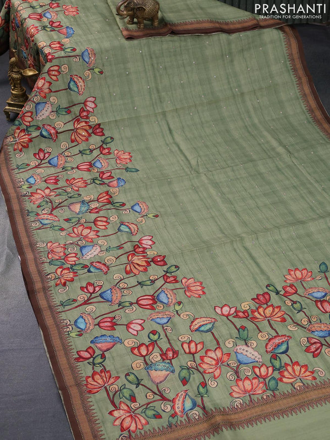 Semi tussar saree pastel green and brown with kalamkari prints & mirror embroidery work and vidarbha style border