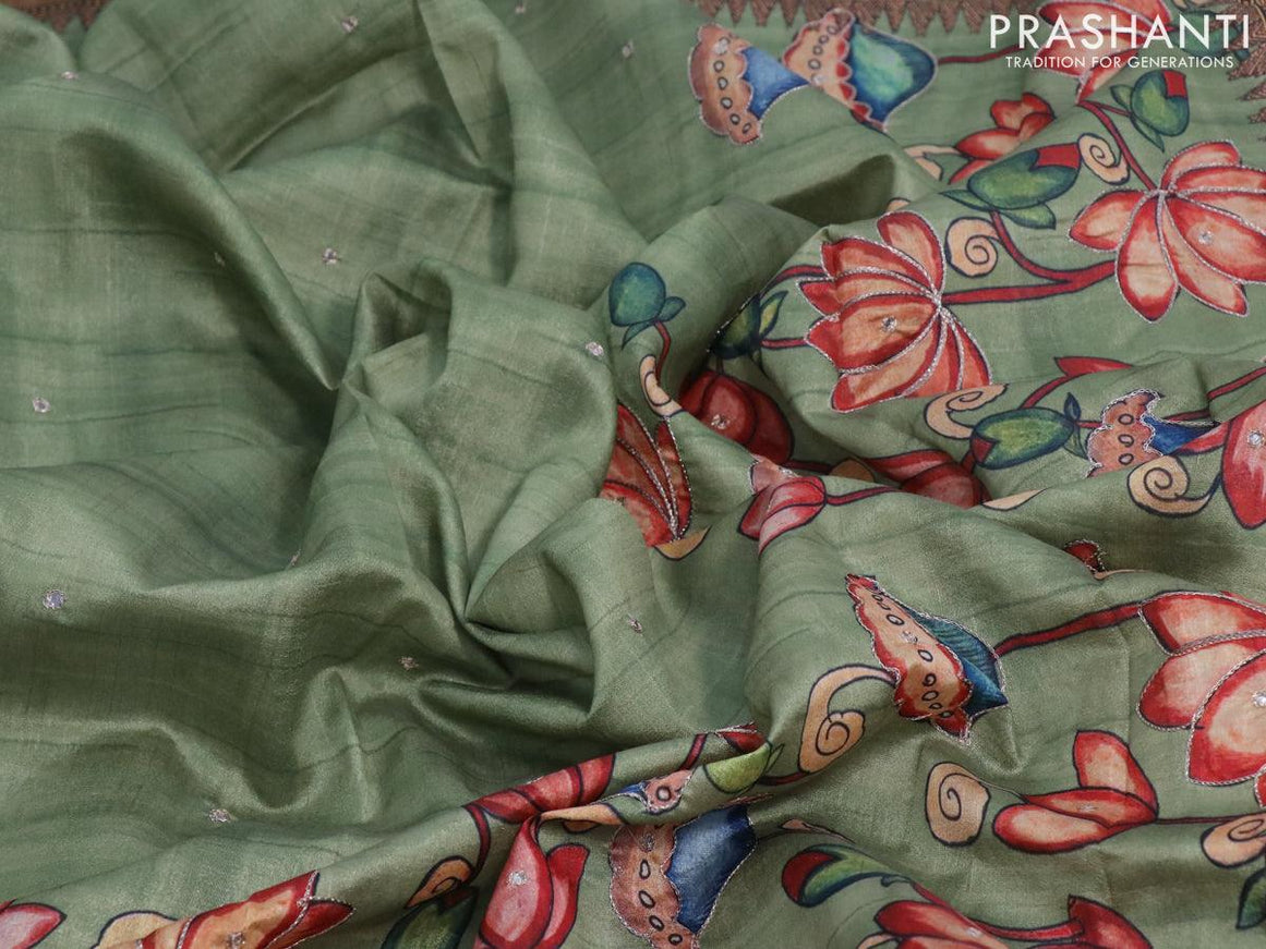 Semi tussar saree pastel green and brown with kalamkari prints & mirror embroidery work and vidarbha style border